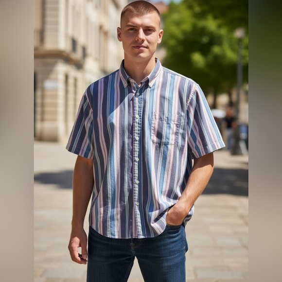 Vintage Towncraft Striped Button Up Men’s Shirt Size Large Regular 16-16.5 - Picture 1 of 7